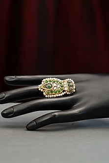 Gold Plated Pearl & Green Stone Ring In Sterling Silver