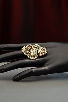 Gold Plated Pearl & Green Stone Ring In Sterling Silver