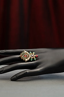 Gold Plated Red & Green Stone Ring In Sterling Silver