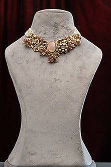 Gold Plated Pearl & Moissanite Stone Necklace In Sterling Silver