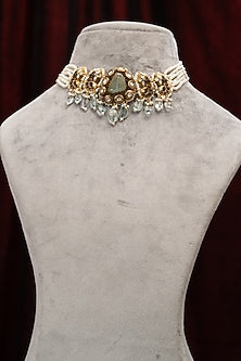 Gold Plated Kundan Polki & Moissanite Stone Floral Necklace In Sterling Silver