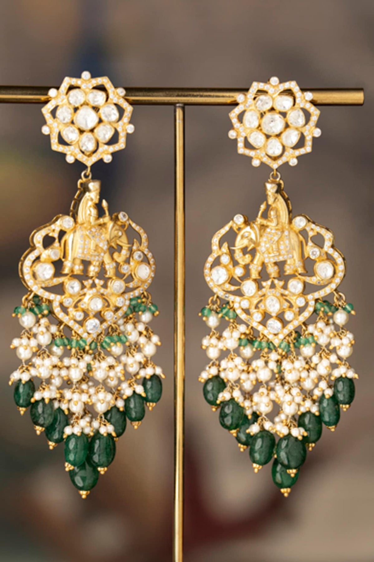 Gold Finish Pearl & Green Beaded Dangler Earrings In Sterling Silver
