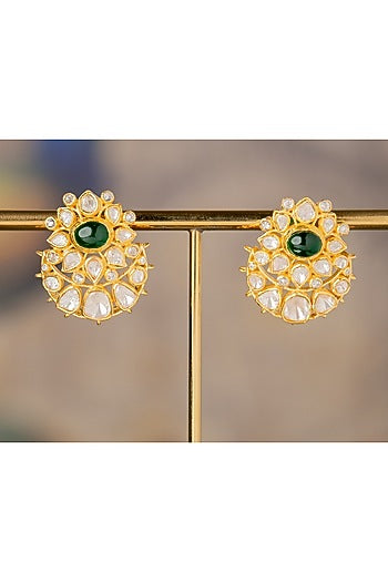 Gold Finish White Stone Stud Earrings In Sterling Silver