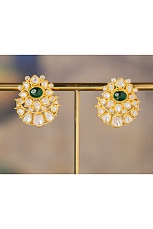 Gold Finish White Stone Stud Earrings In Sterling Silver