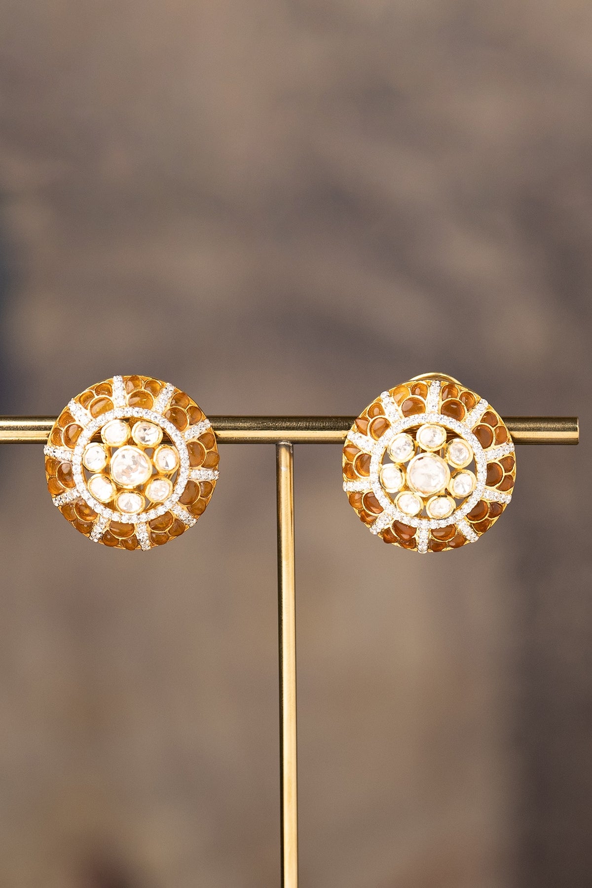 Gold Finish Kundan Polki Stud Earrings In Sterling Silver