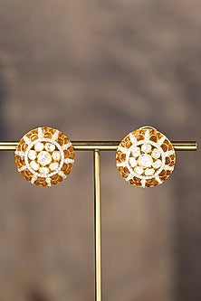 Gold Finish Kundan Polki Stud Earrings In Sterling Silver