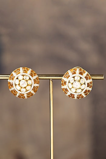 Gold Finish Kundan Polki Stud Earrings In Sterling Silver
