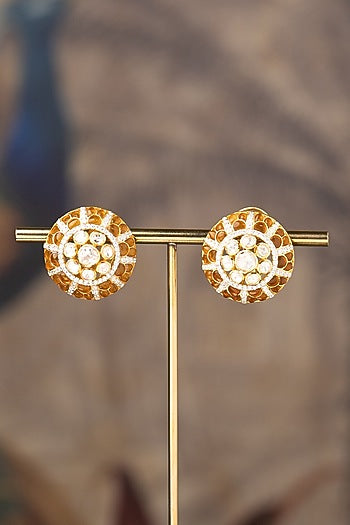 Gold Finish Kundan Polki Stud Earrings In Sterling Silver