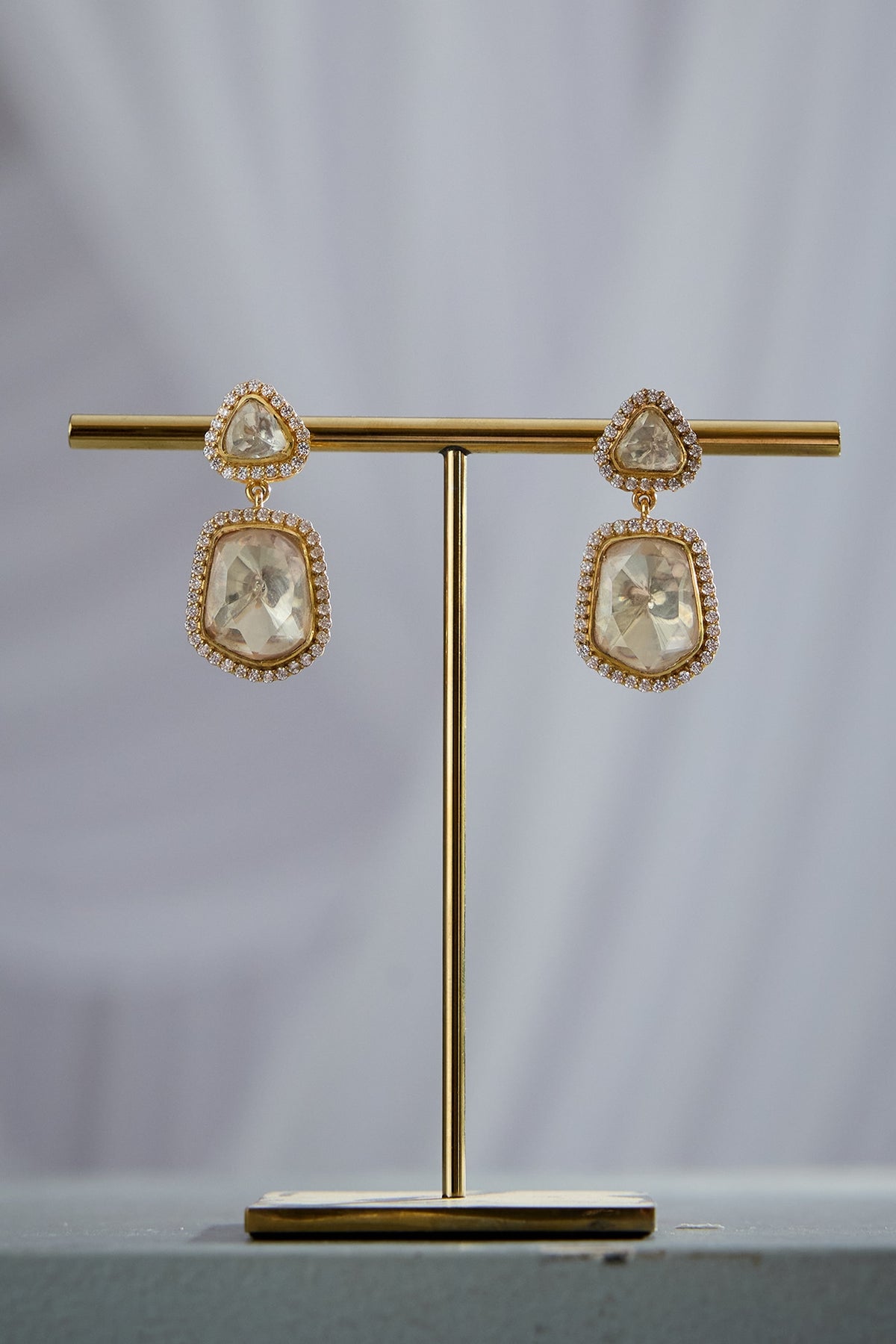 Gold Plated Kundan Polki Dangler Earrings In Sterling Silver