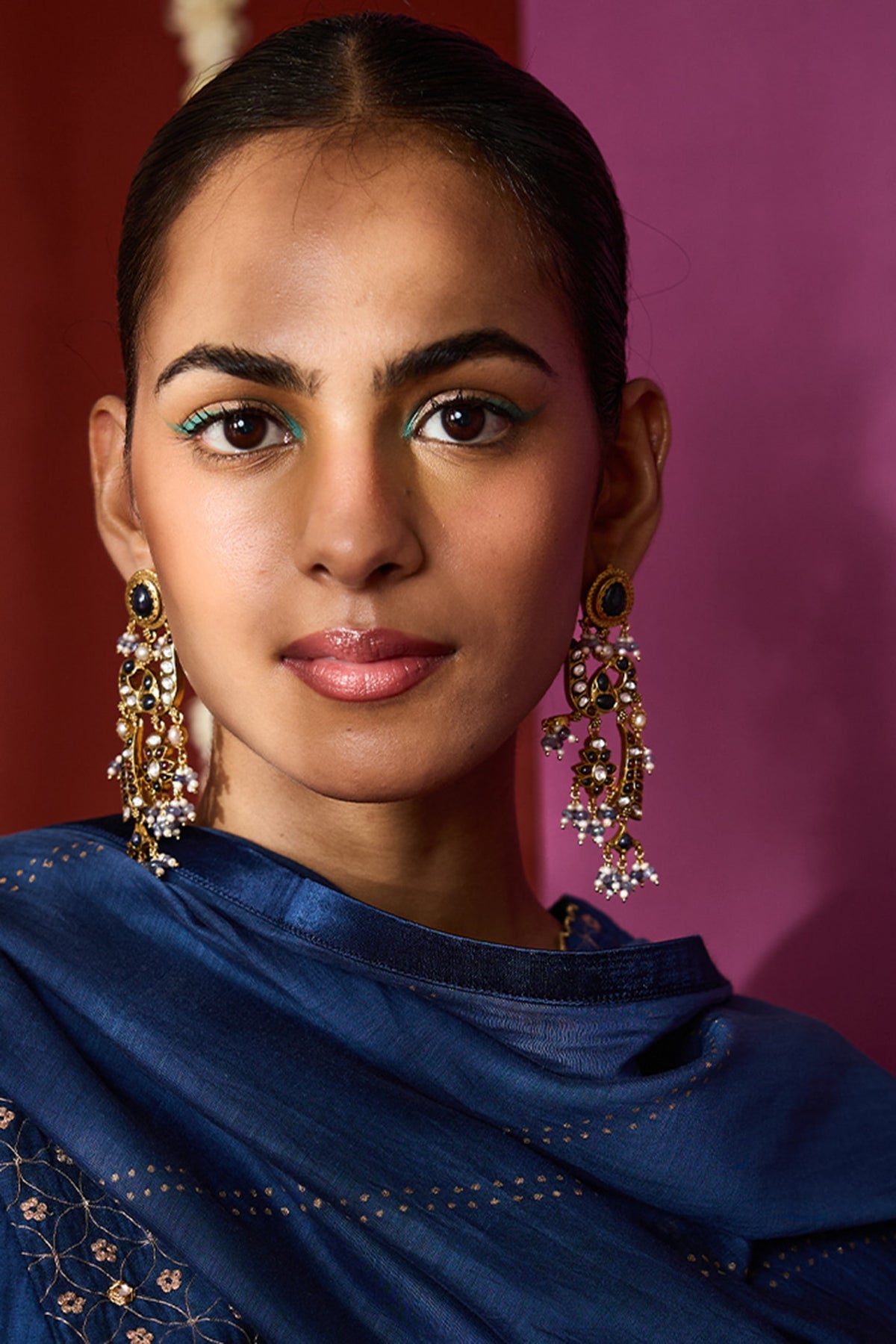 Gold Plated Moissanite Polki & Semi-Precious Stone Dangler Earrings In Sterling Silver