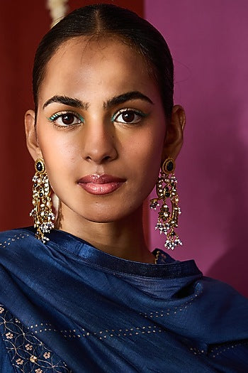 Gold Plated Moissanite Polki & Semi-Precious Stone Dangler Earrings In Sterling Silver