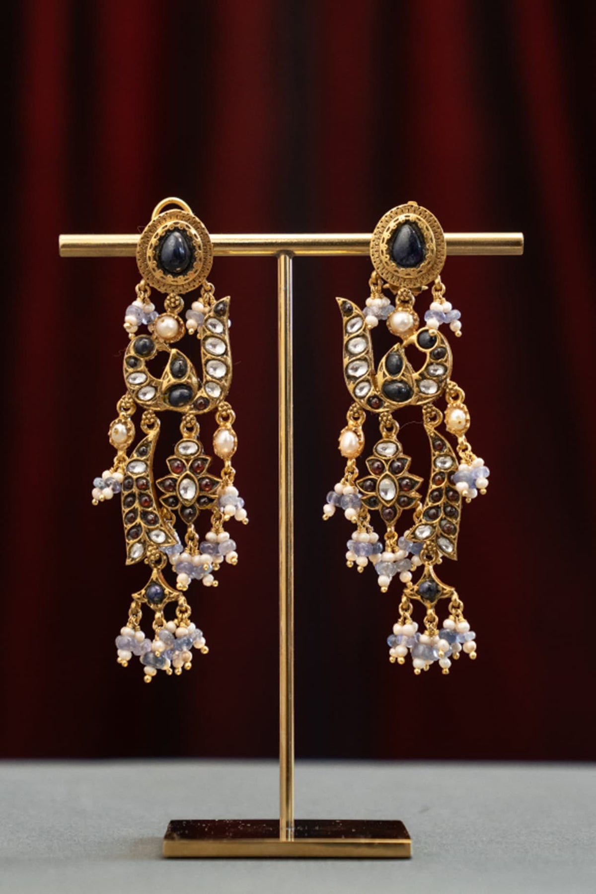 Gold Plated Moissanite Polki & Semi-Precious Stone Dangler Earrings In Sterling Silver
