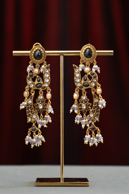 Gold Plated Moissanite Polki & Semi-Precious Stone Dangler Earrings In Sterling Silver