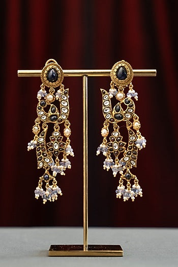 Gold Plated Moissanite Polki & Semi-Precious Stone Dangler Earrings In Sterling Silver