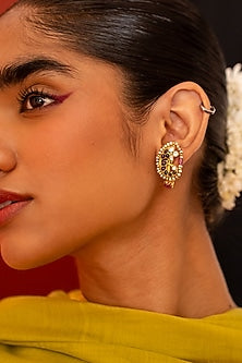Gold Plated Moissanite Polki & Pink Stone Stud Earrings In Sterling Silver