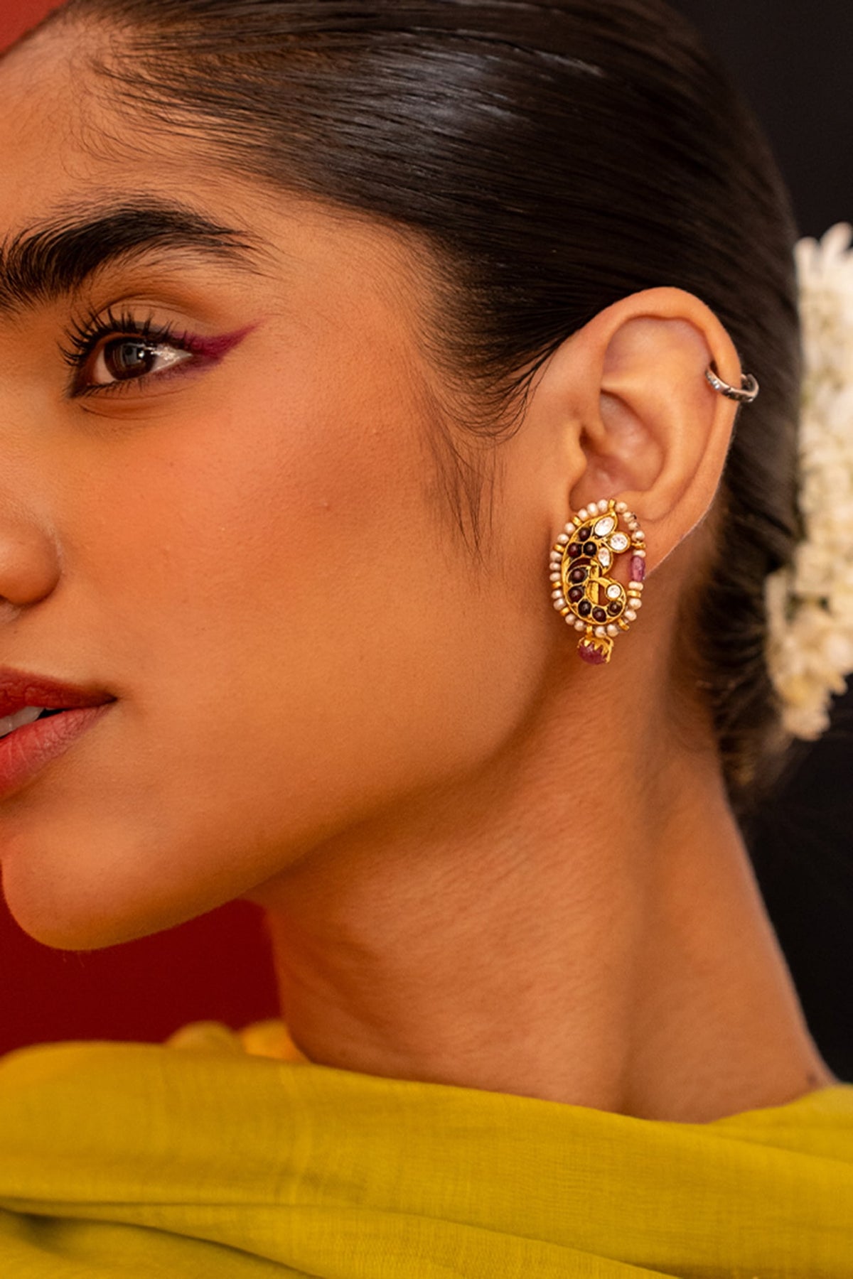 Gold Plated Moissanite Polki & Pink Stone Stud Earrings In Sterling Silver