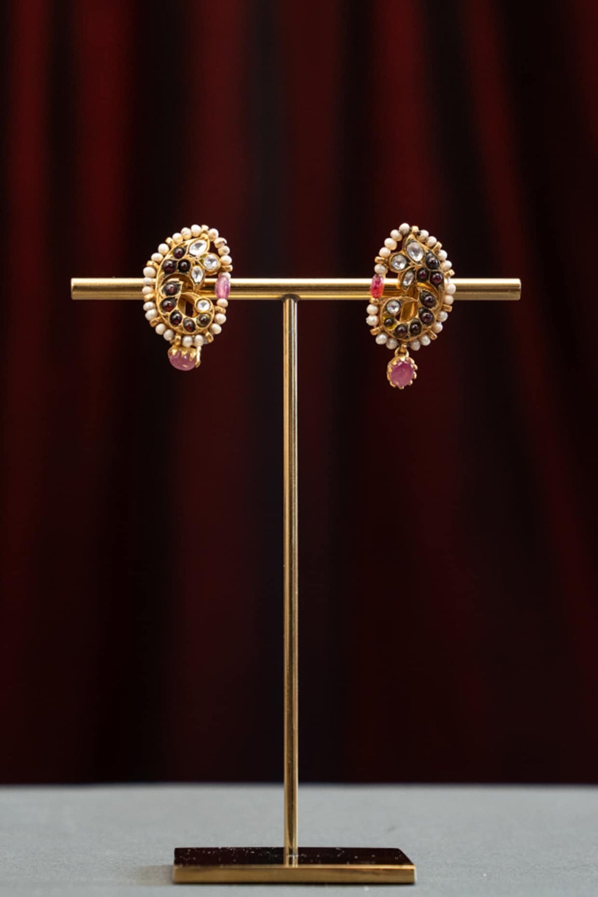Gold Plated Moissanite Polki & Pink Stone Stud Earrings In Sterling Silver
