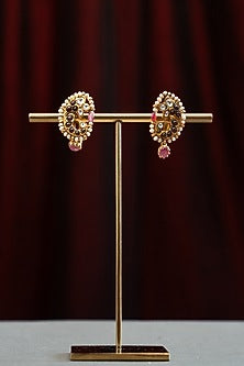 Gold Plated Moissanite Polki & Pink Stone Stud Earrings In Sterling Silver