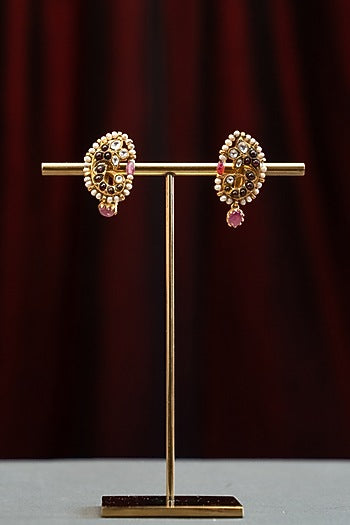 Gold Plated Moissanite Polki & Pink Stone Stud Earrings In Sterling Silver