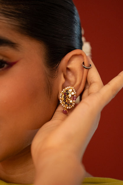 Gold Plated Moissanite Polki & Pink Stone Stud Earrings In Sterling Silver