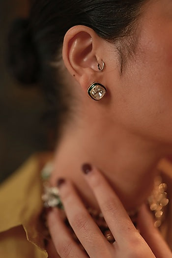Gold Plated Navratna Semi-Precious Stone Floral Stud Earrings In Sterling Silver