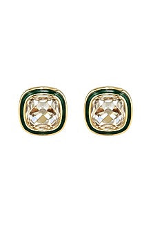 Gold Plated Navratna Semi-Precious Stone Floral Stud Earrings In Sterling Silver