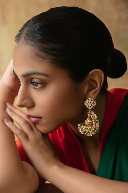 Gold Plated Semi-precious Green & White Stone Dangler Earrings In Sterling Silver