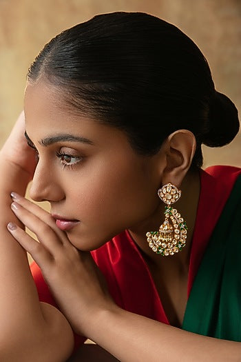 Gold Plated Semi-precious Green & White Stone Dangler Earrings In Sterling Silver