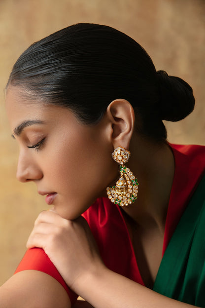 Gold Plated Semi-precious Green & White Stone Dangler Earrings In Sterling Silver