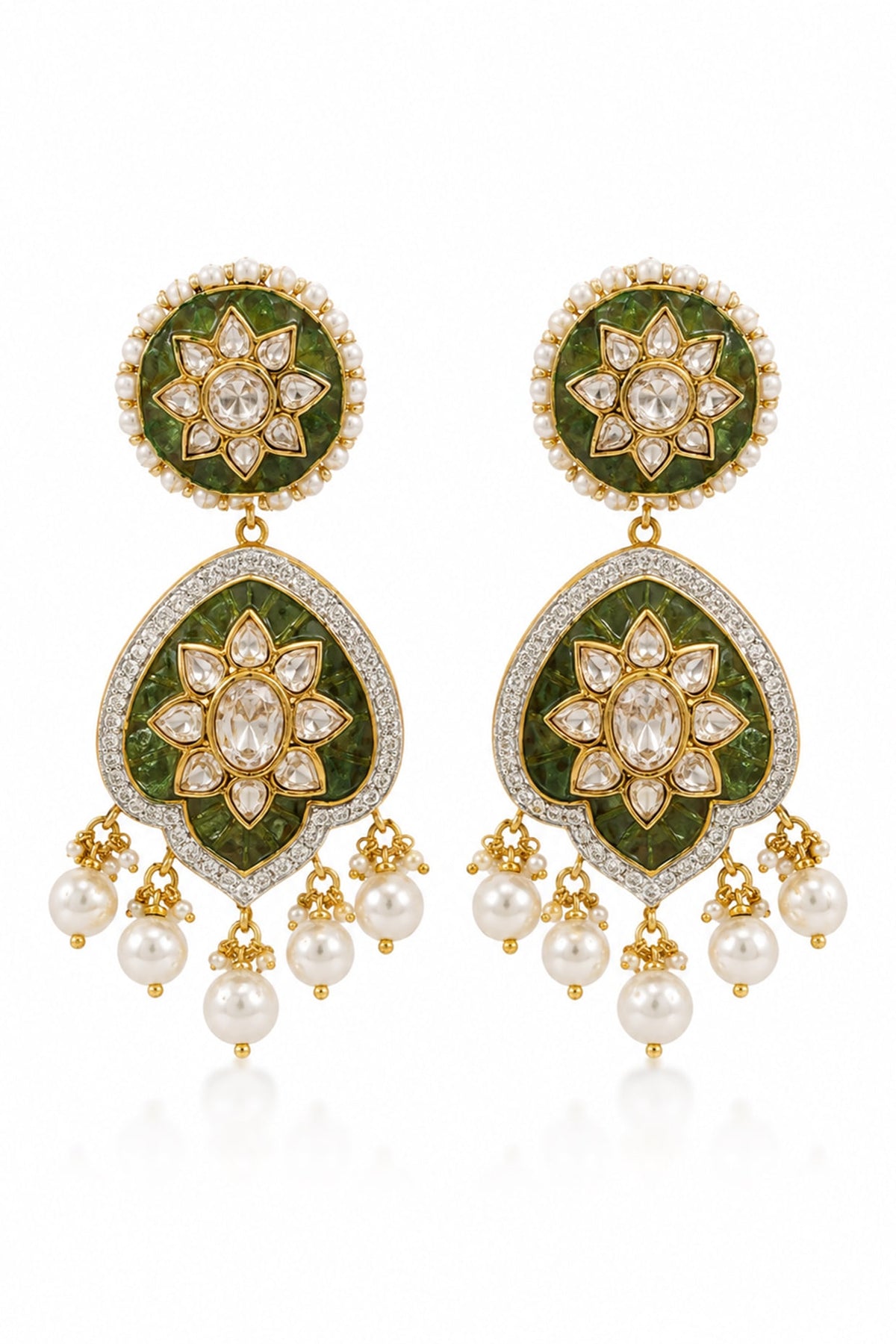 Gold Plated Moissanite Polki & Pearl Green Enameled Dangler Earrings In Sterling Silver