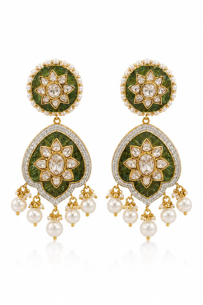 Gold Plated Moissanite Polki & Pearl Green Enameled Dangler Earrings In Sterling Silver