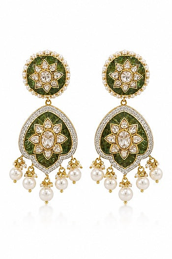 Gold Plated Moissanite Polki & Pearl Green Enameled Dangler Earrings In Sterling Silver