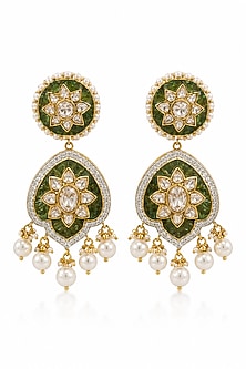 Gold Plated Moissanite Polki & Pearl Green Enameled Dangler Earrings In Sterling Silver