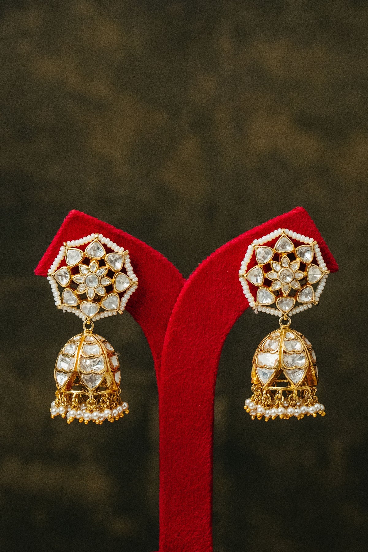 Gold Finish Floral Jhumka Earrings In Sterling Silver
