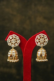 Gold Finish Floral Jhumka Earrings In Sterling Silver