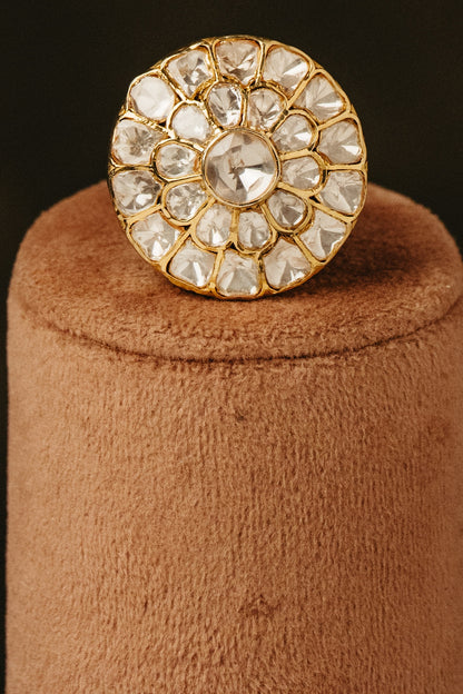 Gold Finish Kundan Polki Floral Ring In Sterling Silver