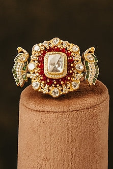 Gold Finish Kundan Polki & Green Stone Ring In Sterling Silver
