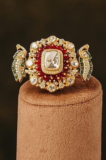Gold Finish Kundan Polki & Green Stone Ring In Sterling Silver