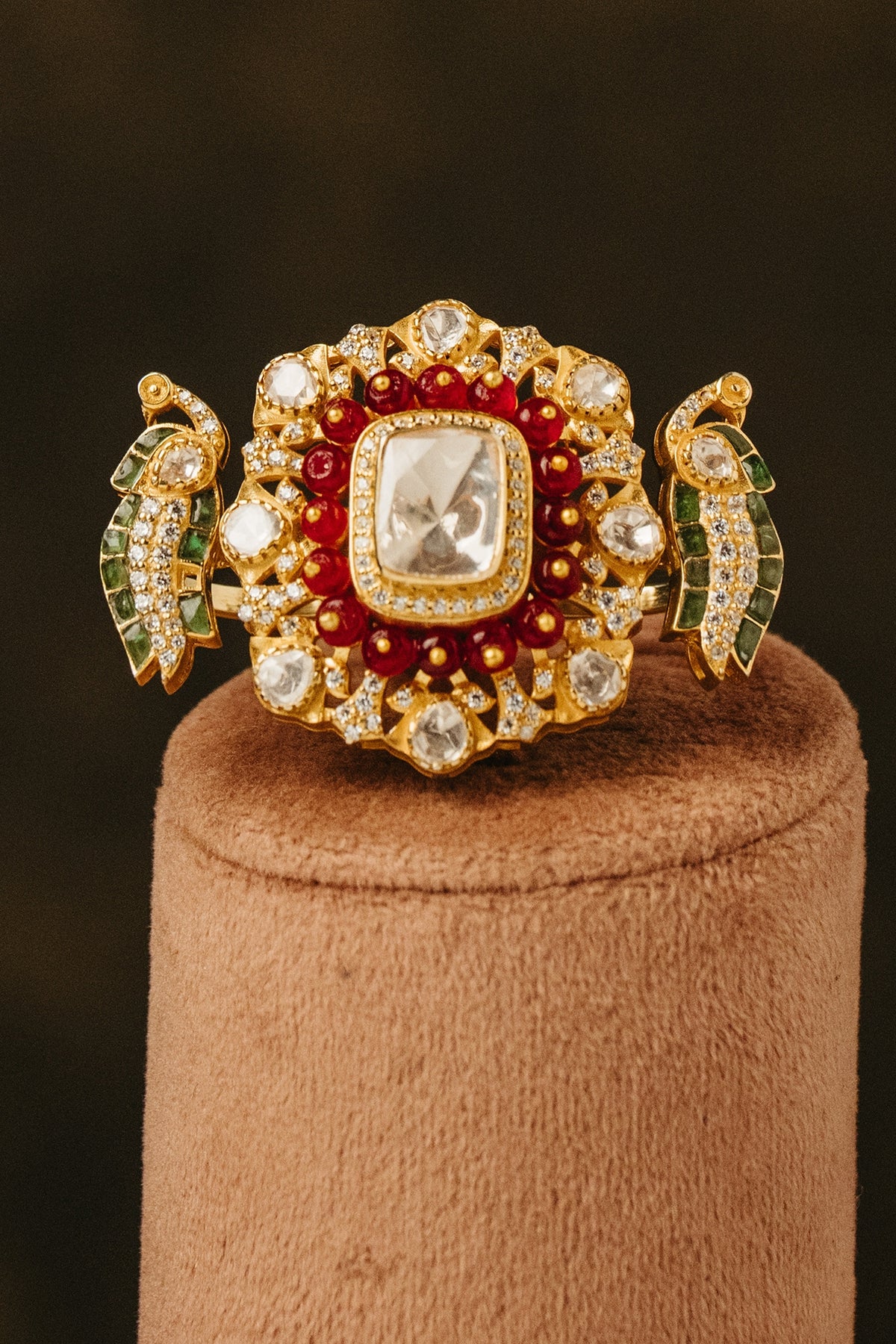Gold Finish Kundan Polki & Green Stone Ring In Sterling Silver