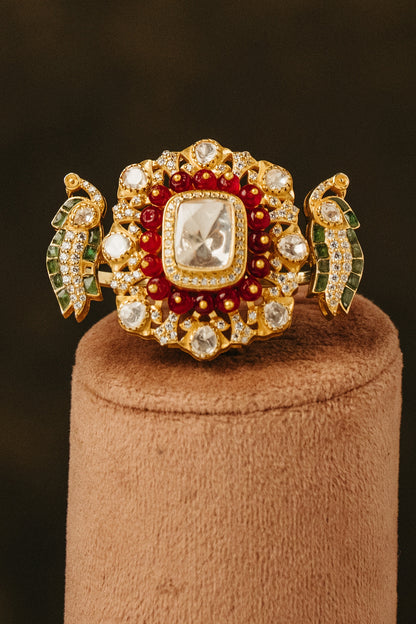 Gold Finish Kundan Polki & Green Stone Ring In Sterling Silver