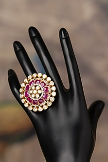 Gold Plated Kundan Polki & Ruby Stone Ring In Sterling Silver