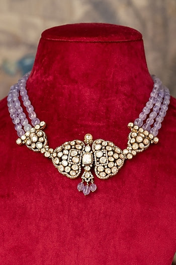 Gold Finish Kundan Polki Necklace In Sterling Silver