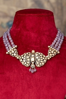Gold Finish Kundan Polki Necklace In Sterling Silver