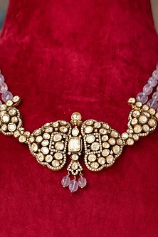 Gold Finish Kundan Polki Necklace In Sterling Silver