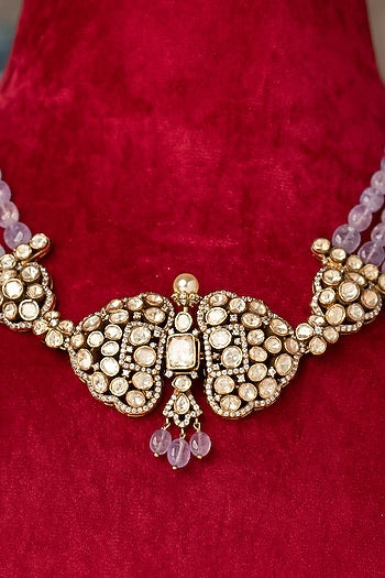 Gold Finish Kundan Polki Necklace In Sterling Silver