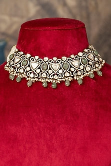 Gold Finish Green Kundan Polki Necklace In Sterling Silver