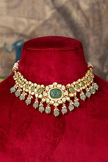 Gold Plated Green Kundan Polki Necklace In Sterling Silver