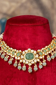Gold Plated Green Kundan Polki Necklace In Sterling Silver