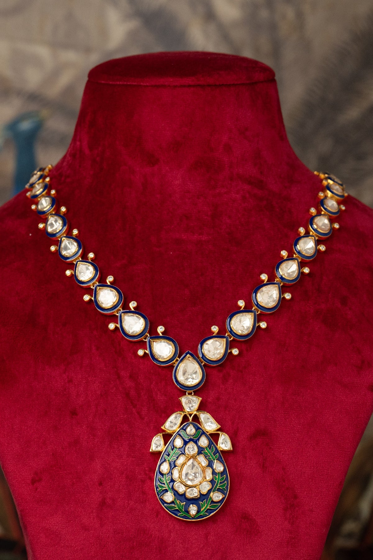 Gold Plated Blue Kundan Polki Necklace In Sterling Silver