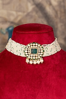 Gold Plated Kundan Polki & Green Stone Choker Necklace In Sterling Silver